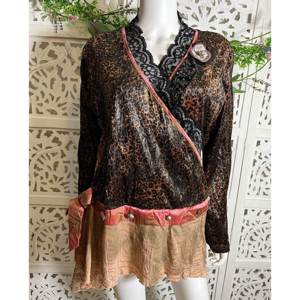 Women’s Artsy Boho Leopard Multi Prints Peasant Peplum Tunic Top